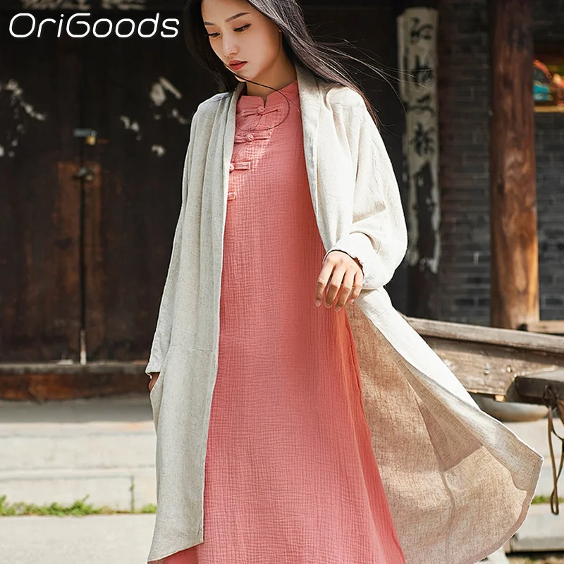 OriGoods Women Long Linen Shirt Oversize Style Thick Warm Long Kimono Shirts for Women Oversized Spring Autumn Outerwear B071