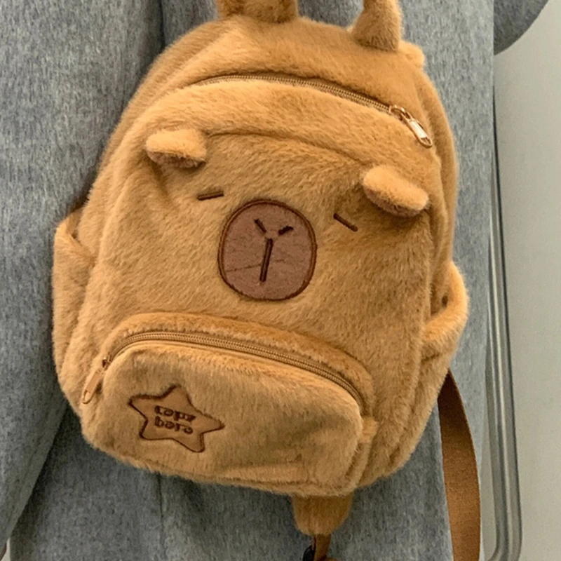 Teens Girl Cartoon Capybara School Bag Plush Backpack with Spacious Compartments