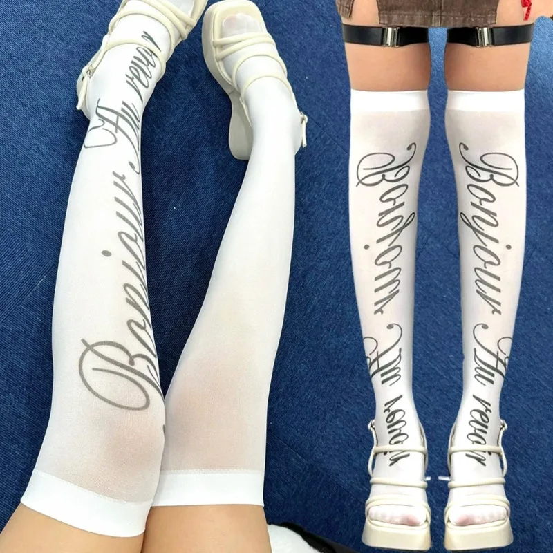 

Винтажные носки до бедра с буквенным принтом для женщин, сексуальные готические гольфы, колготки в стиле Харадзюку, готические чулки выше колена с буквами