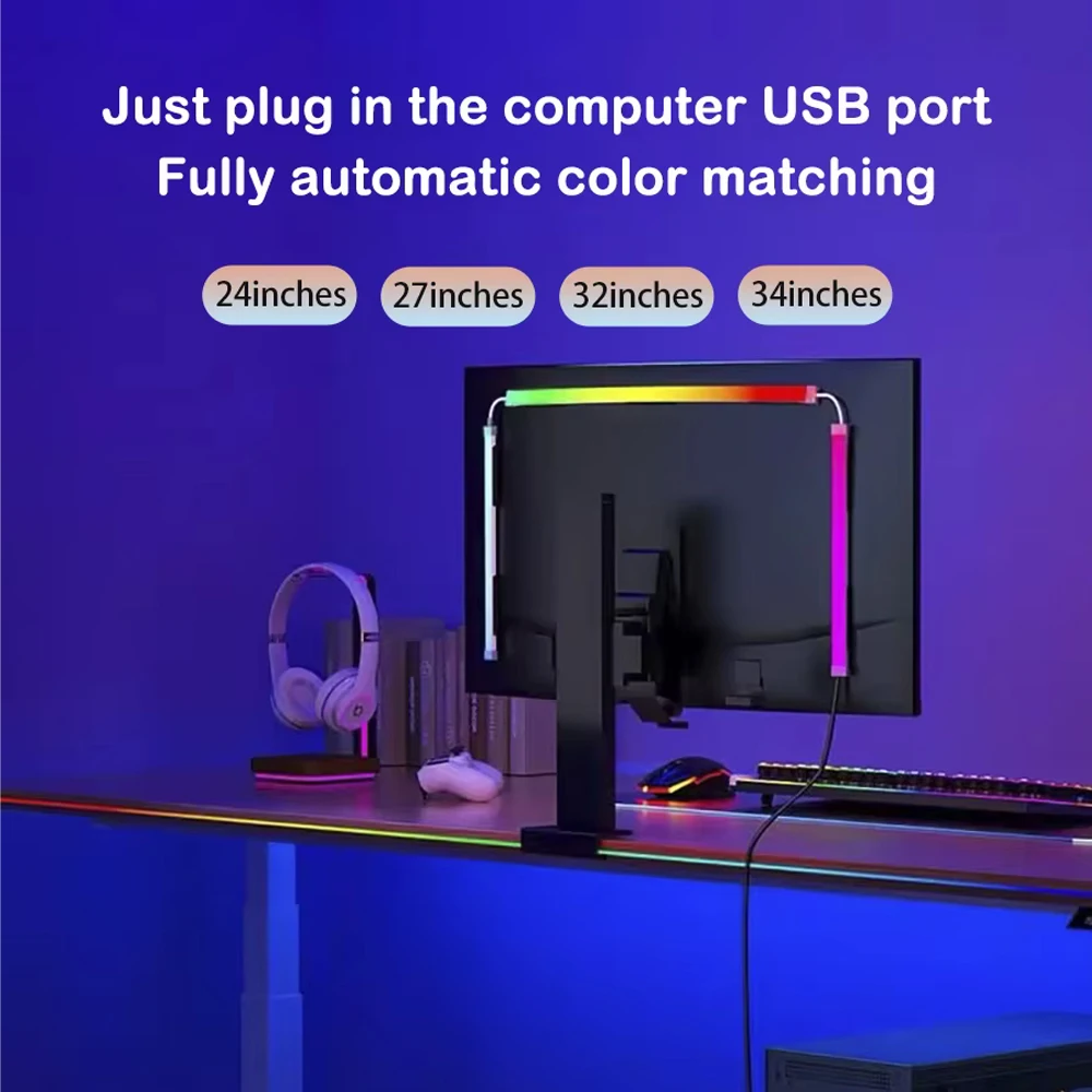 24 27 32 34 Inch Computer Sync Light Strip USB PC Monitor RGB Screen LED Backlight for Gaming Room Atmosphere Decor