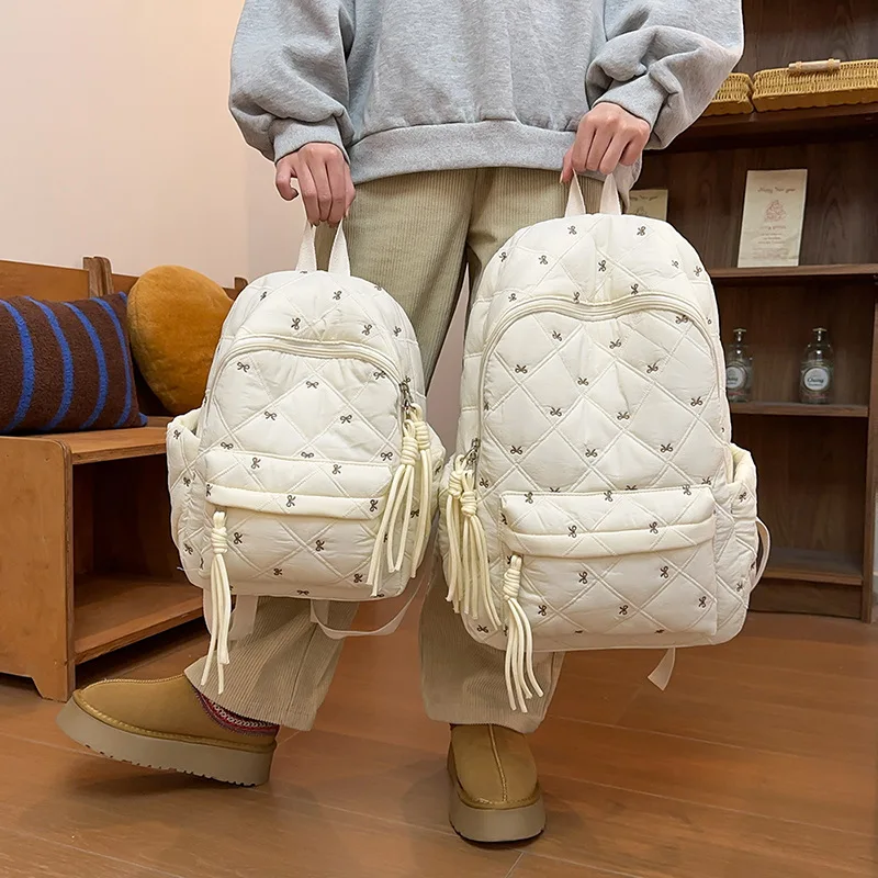 Sweet Pink Quilted Backpack Ladies Mini Bow Embroidery Design Large Capacity Lightweight Student Schoolbag Soft Casual Travel