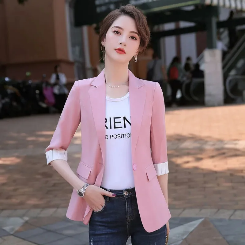 Summer Short Casual Blazer Jacket 2024 New Single buckle Suit Collar Women's Clothes Coat Solid Colour Fashion Outeawer Female