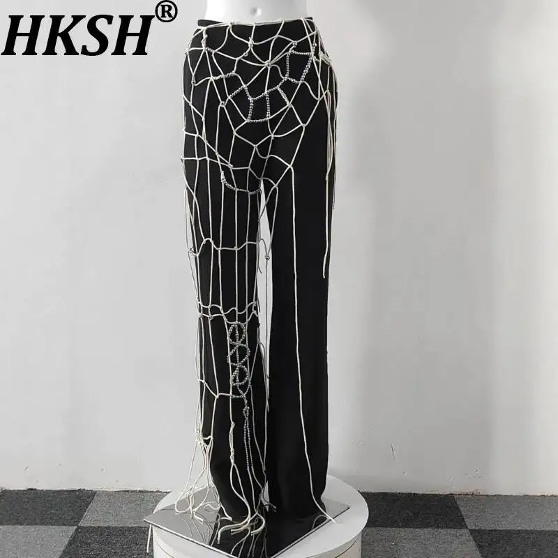 HKSH Women Flare Pants Loose Gothic Dark Style Irregular Web Beading Design High Street Punk Ins Wide-Leg Casual Bottoms HK25124