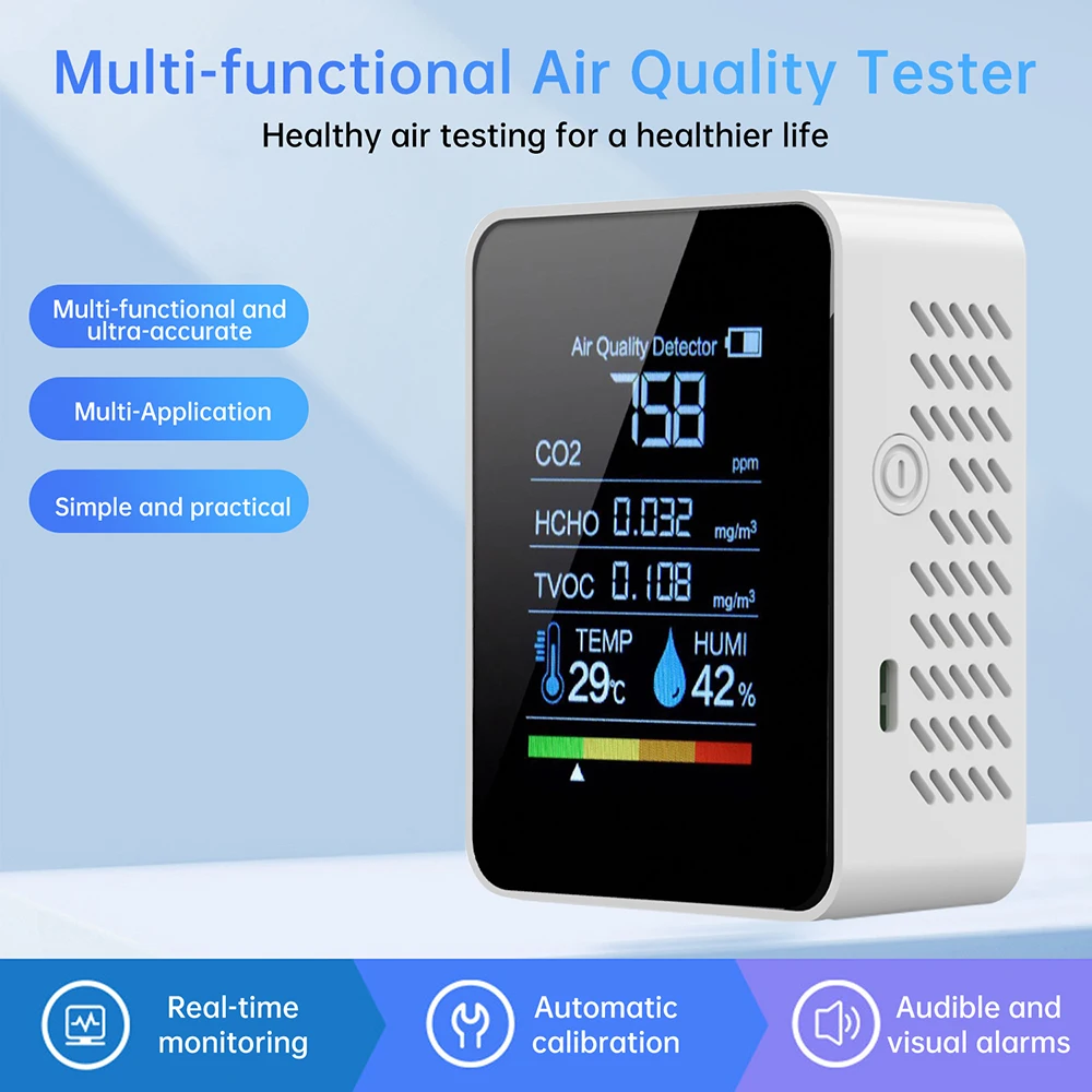 Medidor de CO2 5 en 1, probador Digital de temperatura y humedad, Detector de dióxido de carbono TVOC HCHO, Monitor de calidad del aire, recargable tipo C
