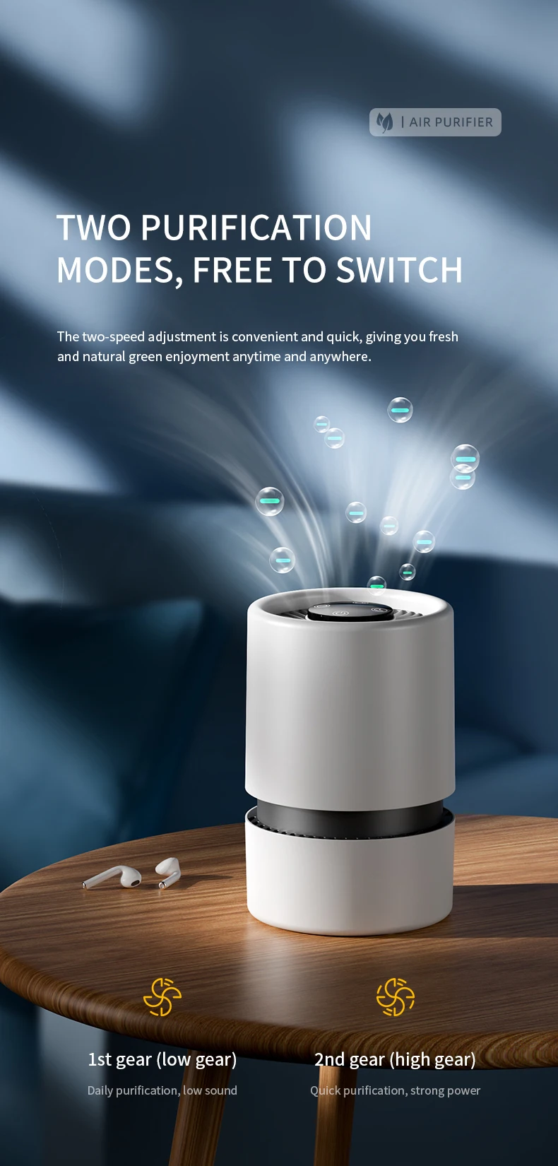 Portable Air Purifier HEPA Activated Carbon Composite Filter Blue Light Negative Ion 2 Speed Touch Control USB Type-C Quiet Night Mode Aroma Tank
