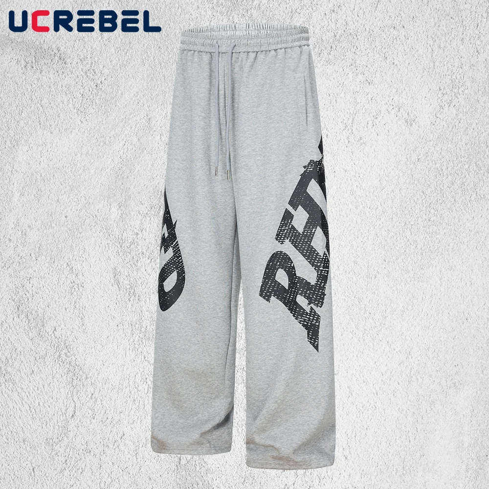 

Letter Print Sweatpants Mens High Street Elastic Waist Straight Wide Leg Baggy Casual Sports Trousers Man