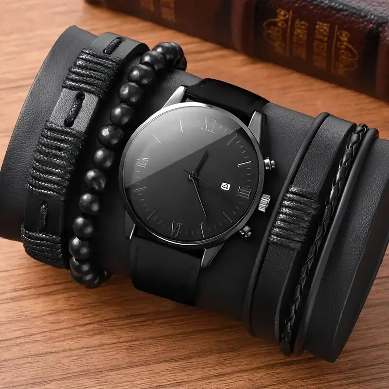 4pc men's quartz watch + bracelet jewelry set, featuring different dials, the perfect gift for brothers and family members
