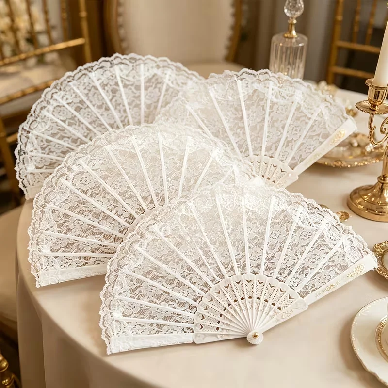 1pc/ 3pcs/5pcs/10pcswhite lace floral folding fans for wedding season, with white tassels, hanging decorative fans, perfect gift