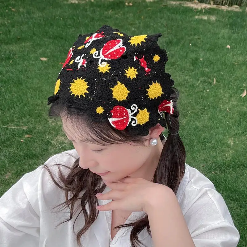

Korean INS Style Sweet Cute Handmade Crochet Hollow Triangle Headband Towel Travel Photo Pastoral Style Headband Hair Scarf