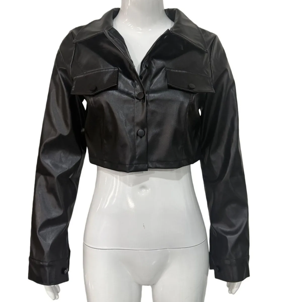 Button Front Single Breasted Coat Slim Fit Sexy Cropped with Biker Jacket Regular Sleeve Patchwork Streetwear Women Jacket