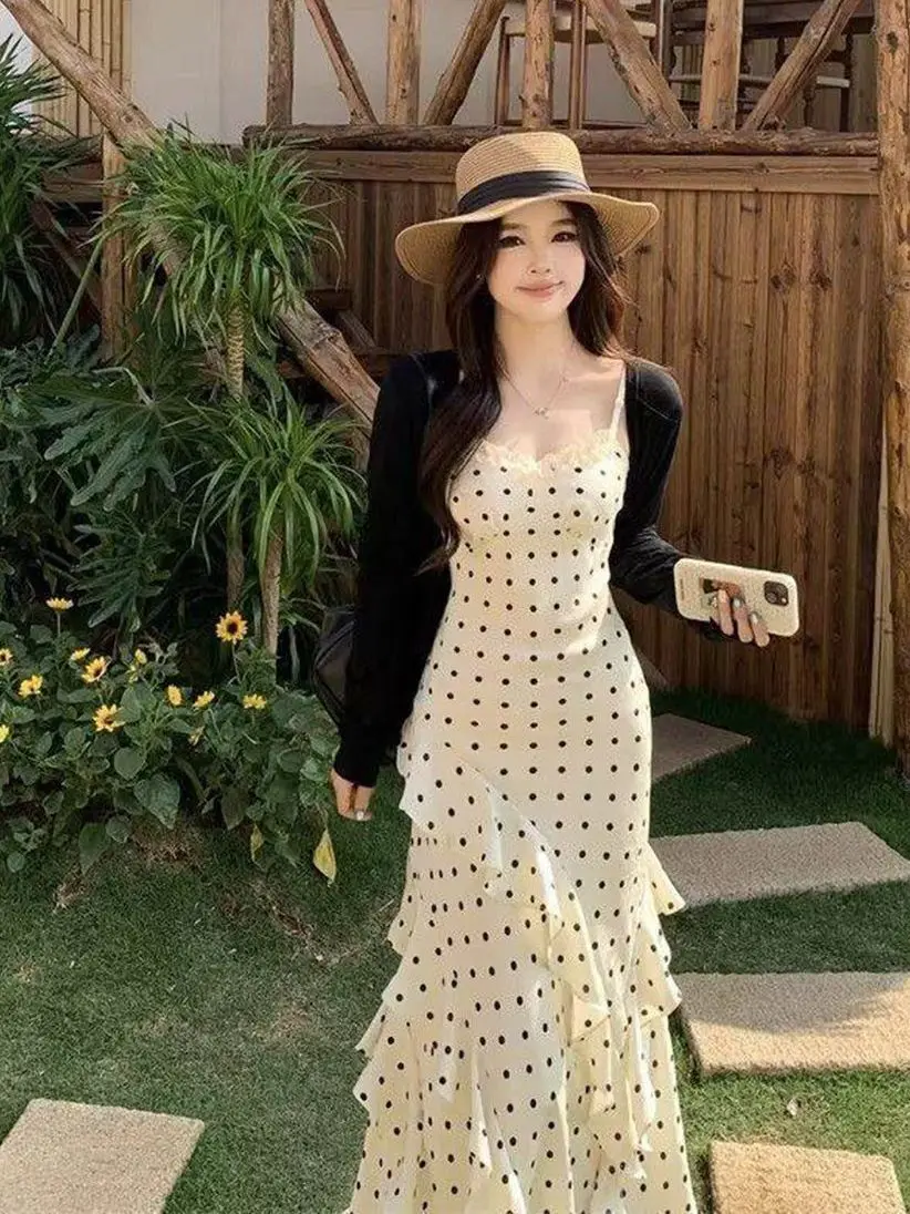 White Polka Dot Ruffle Halter Dress Women's Beautiful Early Spring Slimming Wrap around Skirt Bohemian Style High Waist Long ... 3