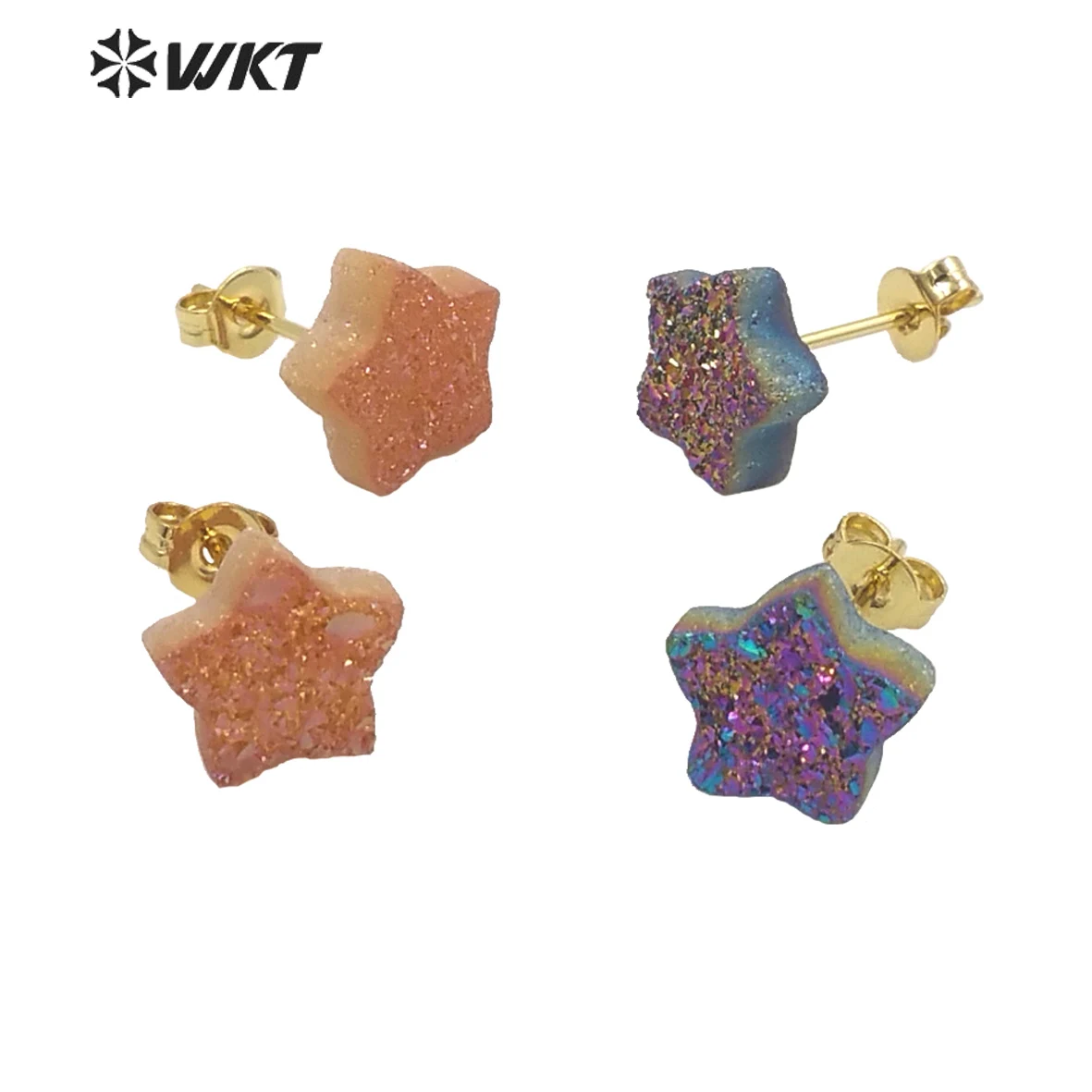 WT-E682 WKT 2025 High-Quality Star Shape Druzy Agate With Titantium Gold-Plate Earrings New SALE Jewelry Women Party Gift