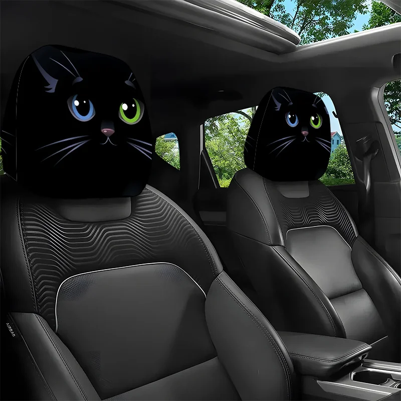 Süße schwarze Katze mit heterokromatischen Augen und Kopfstützenbezügen für Autodekoration, 2 Stück, künstlerischer Stil, perfektes Weihnachtsgeschenk