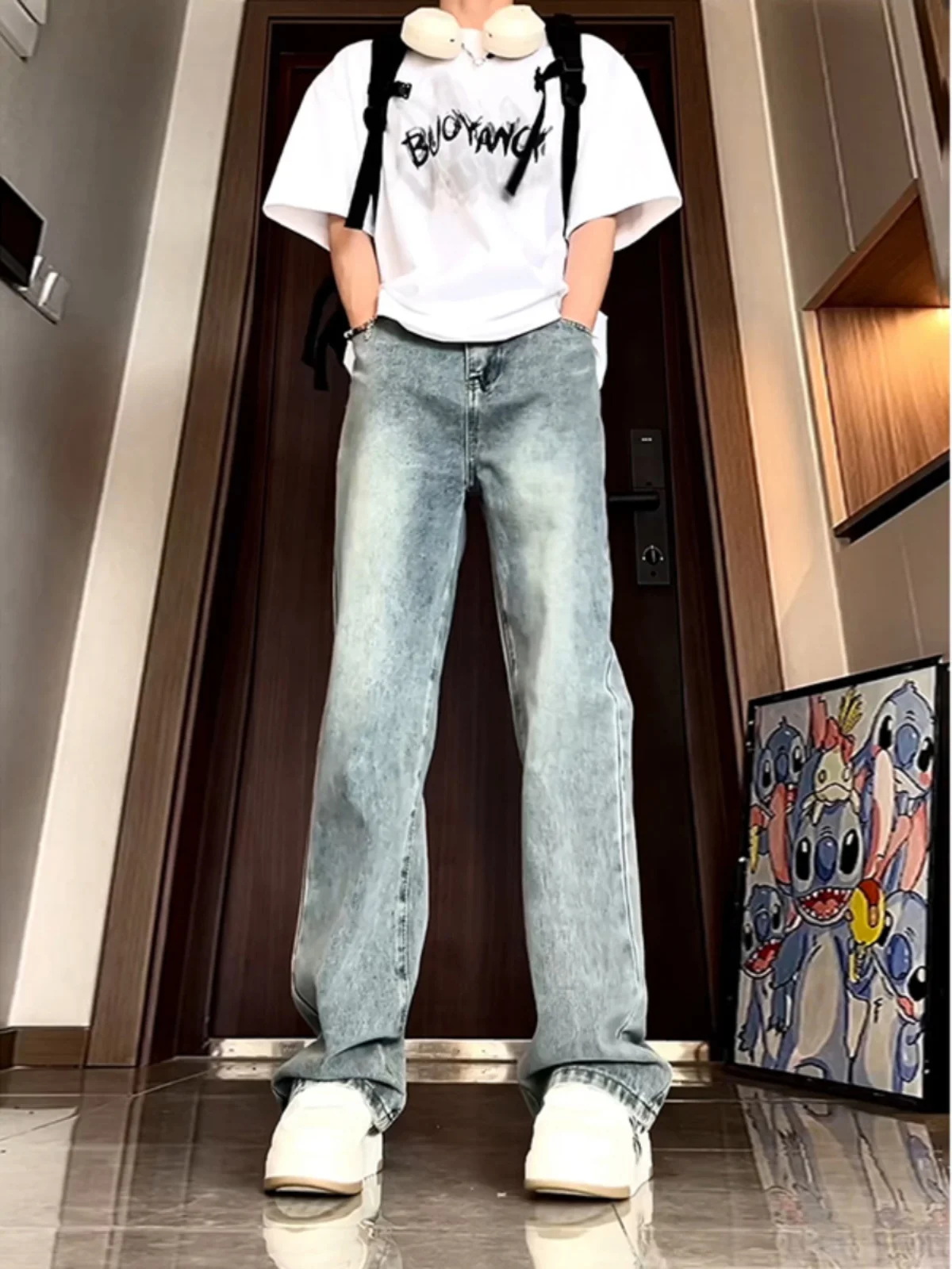 

Blue Slim Fit Summer Thin Cotton Denim Jeans Men's High Street Vibe Straight Leg Jeans Wear Resistant Micro Flared Pants