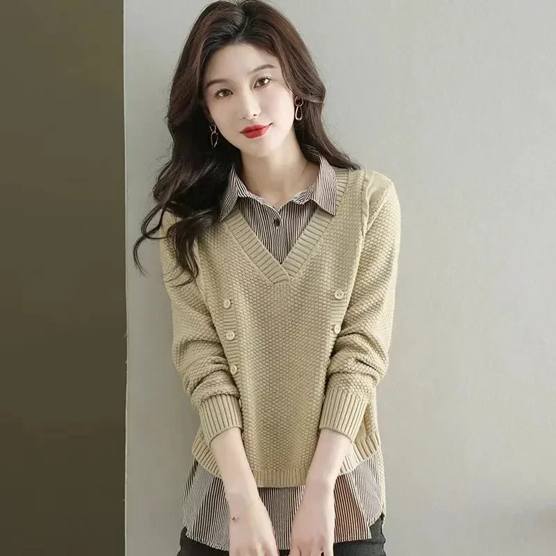 Fake Two Piece Top Knit Sweater Women\'s Splice Shirt Collar 2024 Spring Autumn New Korean Loose Long Sleeve Sweater Brown Shirt