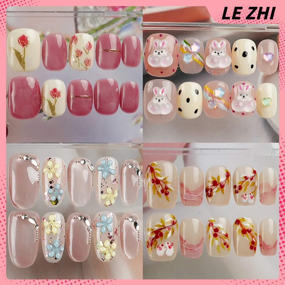 

10 Pieces Cartoon Cute Handmade Press On Nails Hand-Painted Flowers Rabbits Cat Eyes Gild Detachable Full Cover Fake Nail Tips