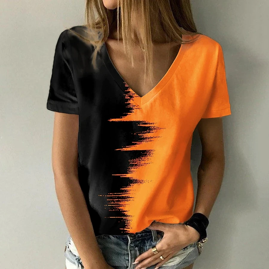 Summer Women\'s Fashion Abstract 3D Printed Painting T Shirt Color Block Print V Neck Basic Tops Loose Shirt fashion Pullover