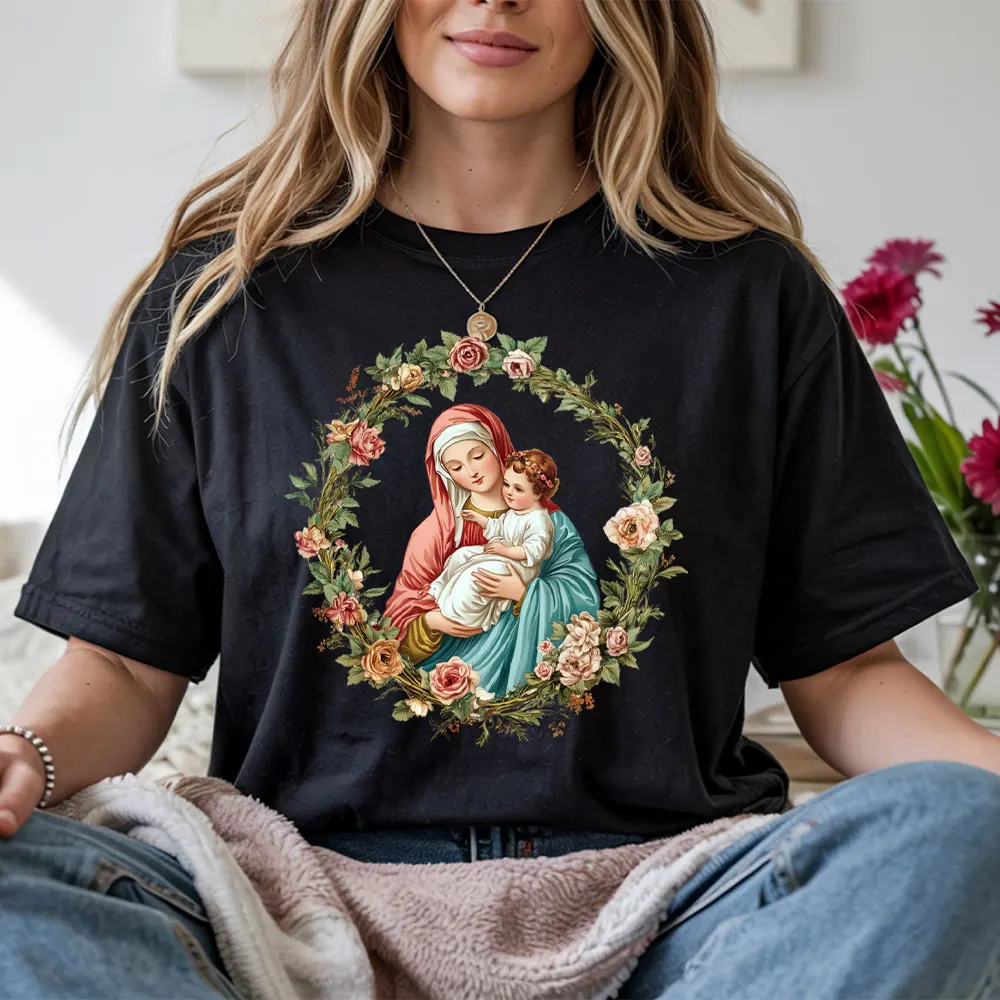 Virgin Mary Jesus Floral Wreath Heat Transfer for clothes Iron on Patches for T-Shirts Hoodies Our Lady Heat Transfer stickers