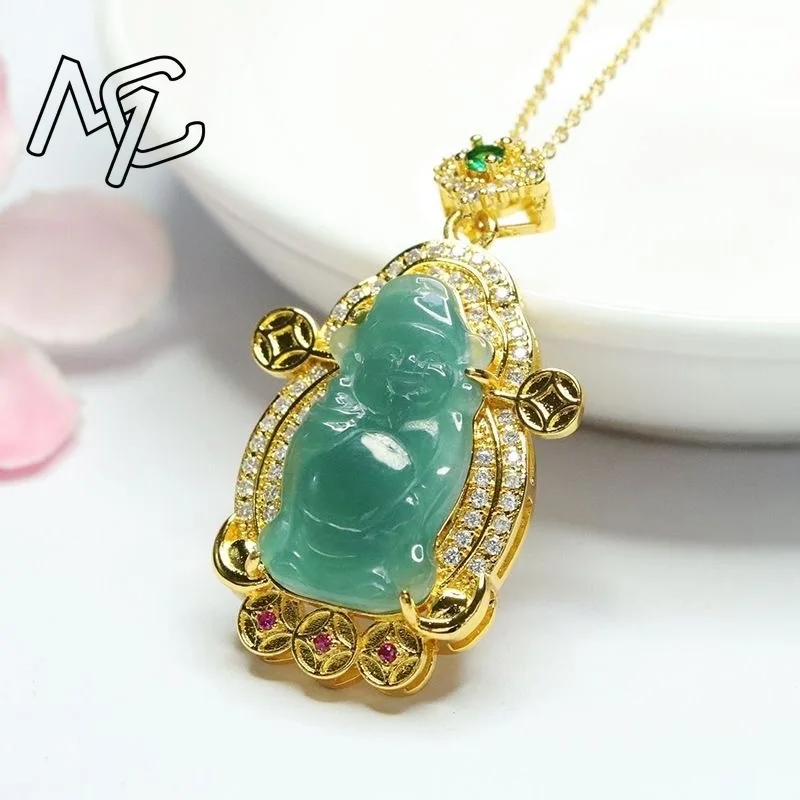 Anhänger aus 925er Silber mit natürlichem Burma-Smaragd, eingelegter Gott des Reichtums, Jadeit-Amulett, Modeschmuck, Geschenke für Frauen und ihre Pulloverkette