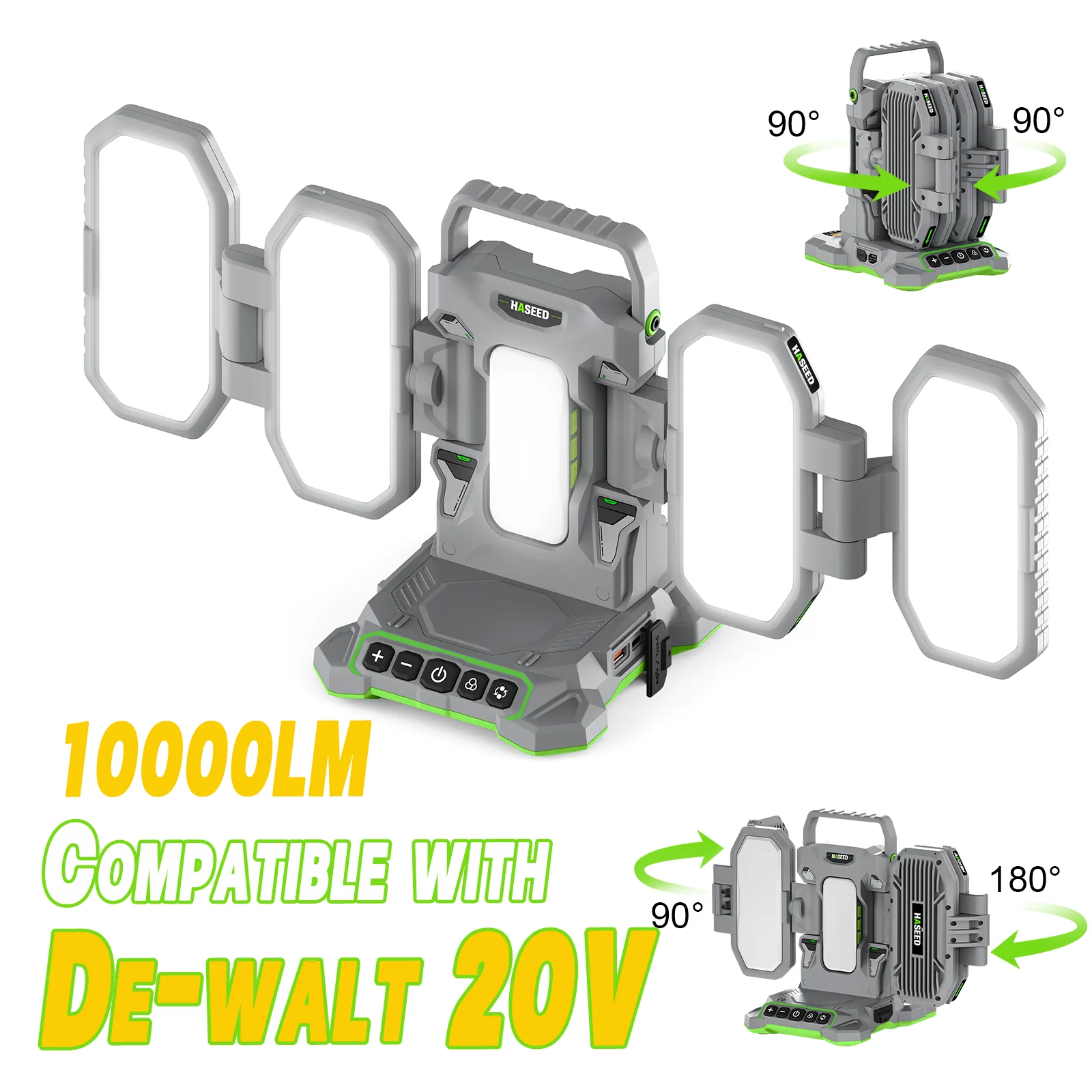 10000LM LED Work Light Compatible with Dewalt 20V, 360° Lighting, Adjustable Brightness/CCT, Battery/Type-C Powered & 2 Outputs for Construction Camping