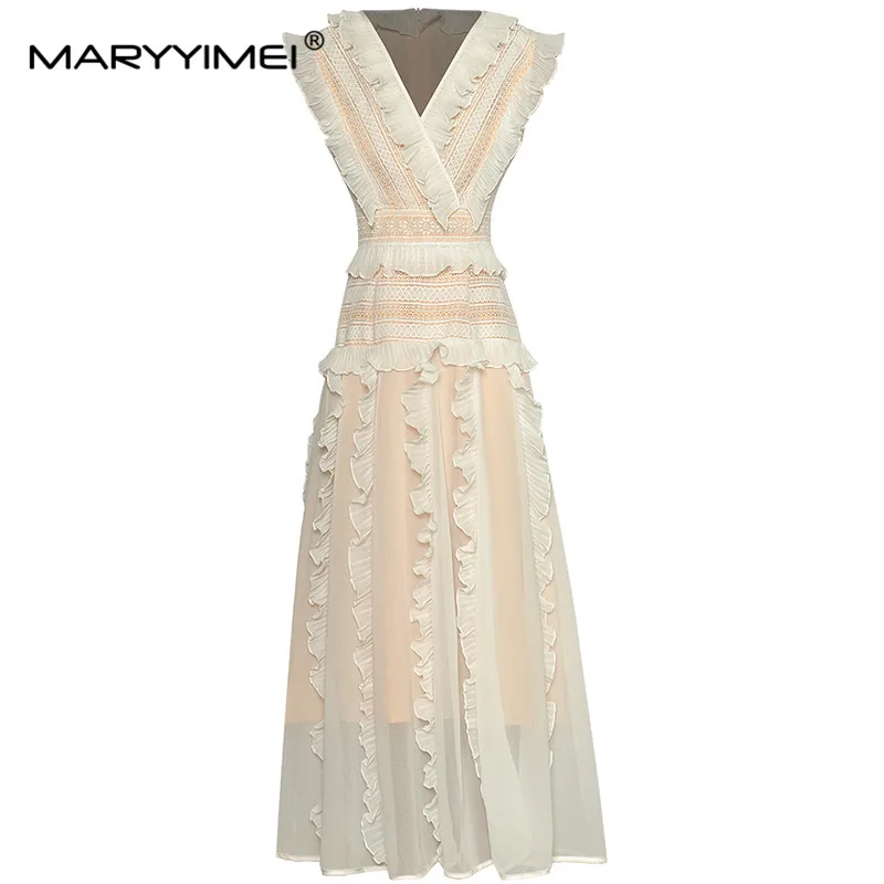 

MARYYIMEI Fashion Designer dress Summer Woman's Dress V-Neck Sleeveless Hollow Out Splicing Ruffled Vintage Office Dresses