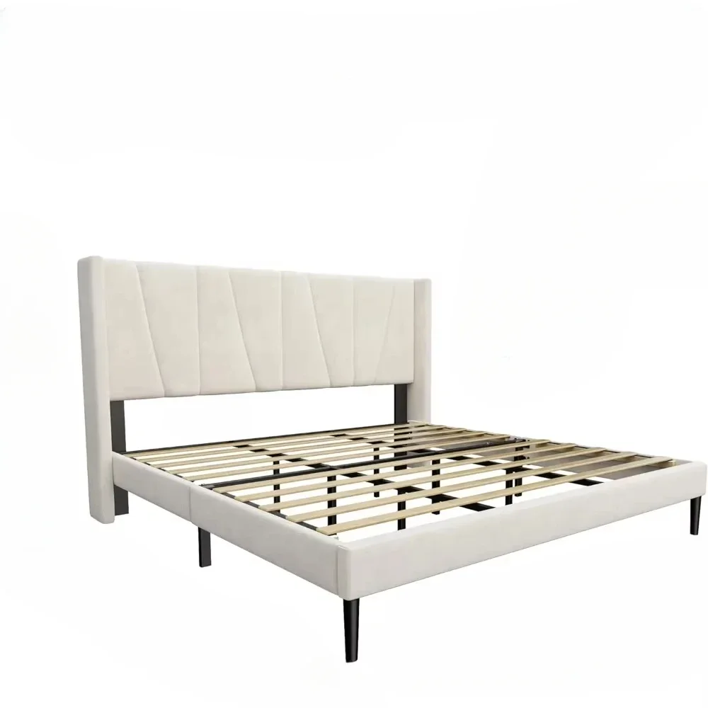 

Каркас кровати королевского размера с бархатным геометрическим изголовьем и спинкой крыла, современный наматрасник, без необходимости коробчатых пружин, бежевый