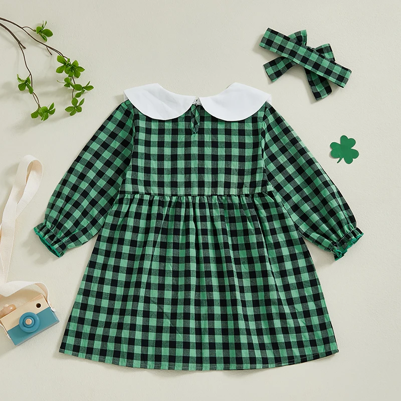 Little Girl Plaid Dress Clover Embroidery Shirred Doll Collar Long Sleeve A-line Dress with Bow Headband 2 Pcs Set