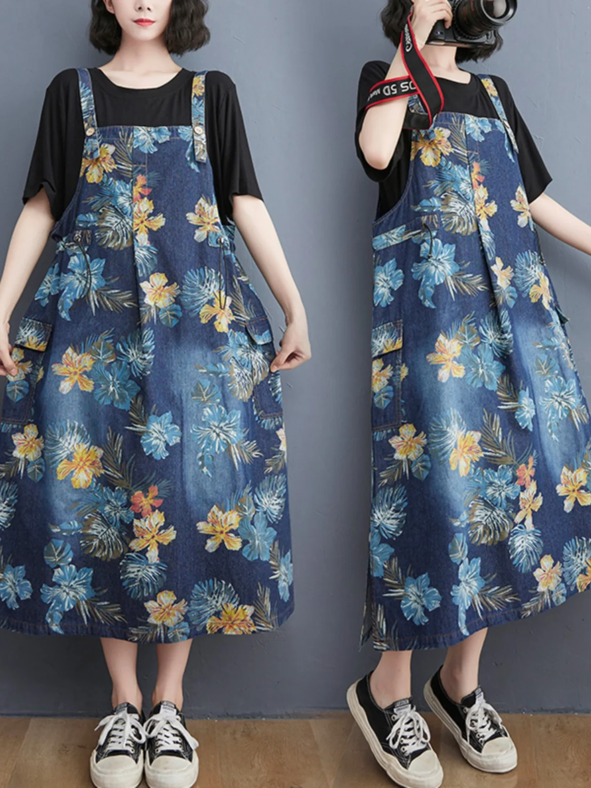 Faionable Youthful Floral Print Denim Overalls Dr Women Summer plus Size Conceal Meat Strap Midi Dr Svel Dr