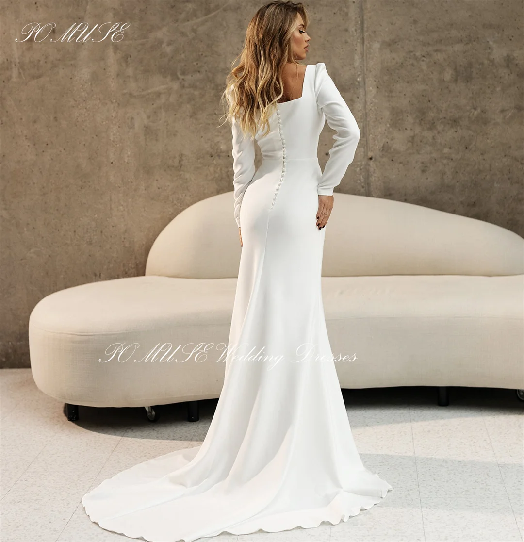 POMUSE Customized Buttons Wedding Dresses Long Sleeves Fit Country Wedding Bride Gown Custom Made Vestido De Novia for Women