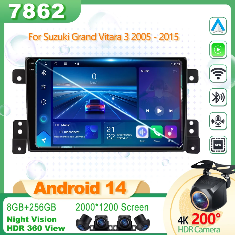 

Автомобильный радиоприемник Android для Suzuki Grand Vitara 3 2005-2015 Android 14 Автомобильный мультимедийный AI Voice BT Беспроводной CarPlay 5G WIFI GPS