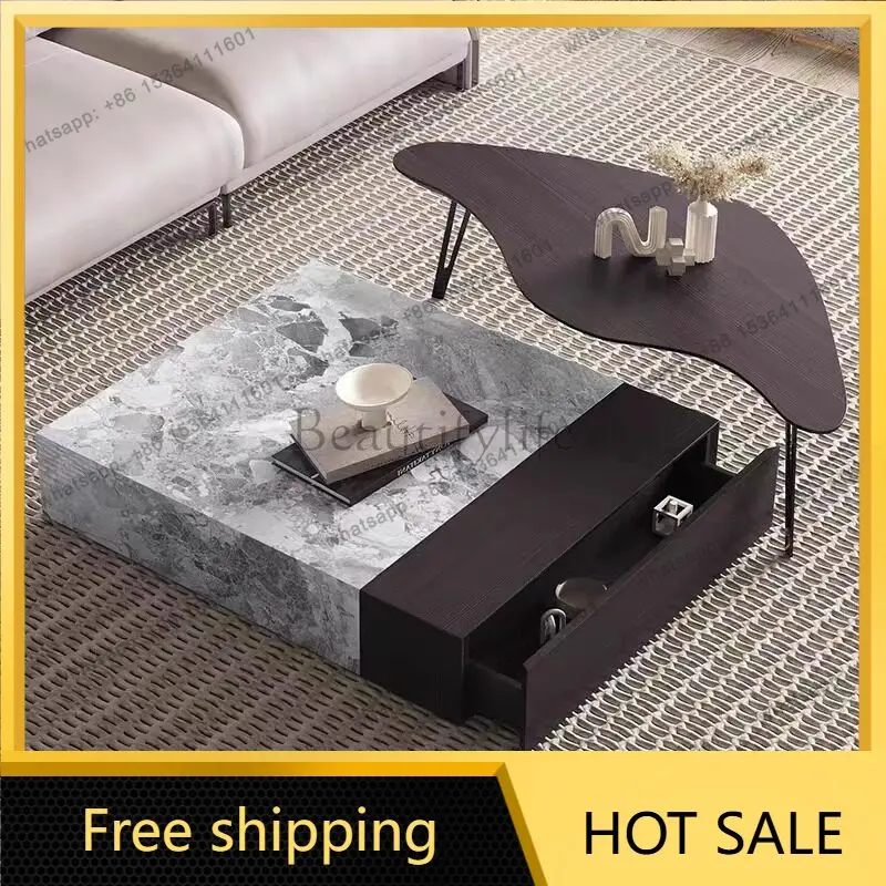 LS Italian light luxury natural marble coffee table Modern household square simple high and low combination tea table