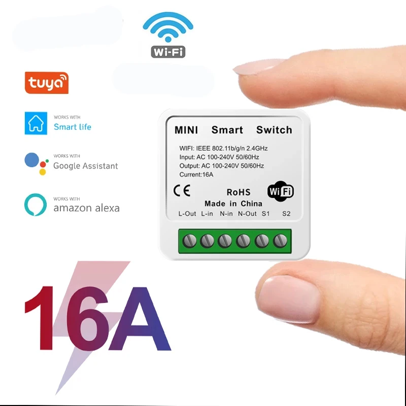 Wifi Mini Smart Switch 16A DIY Light Switches 2 Way Wireless Smart Home with Tuya Smart Life EweLink Alexa Alice Google Home 