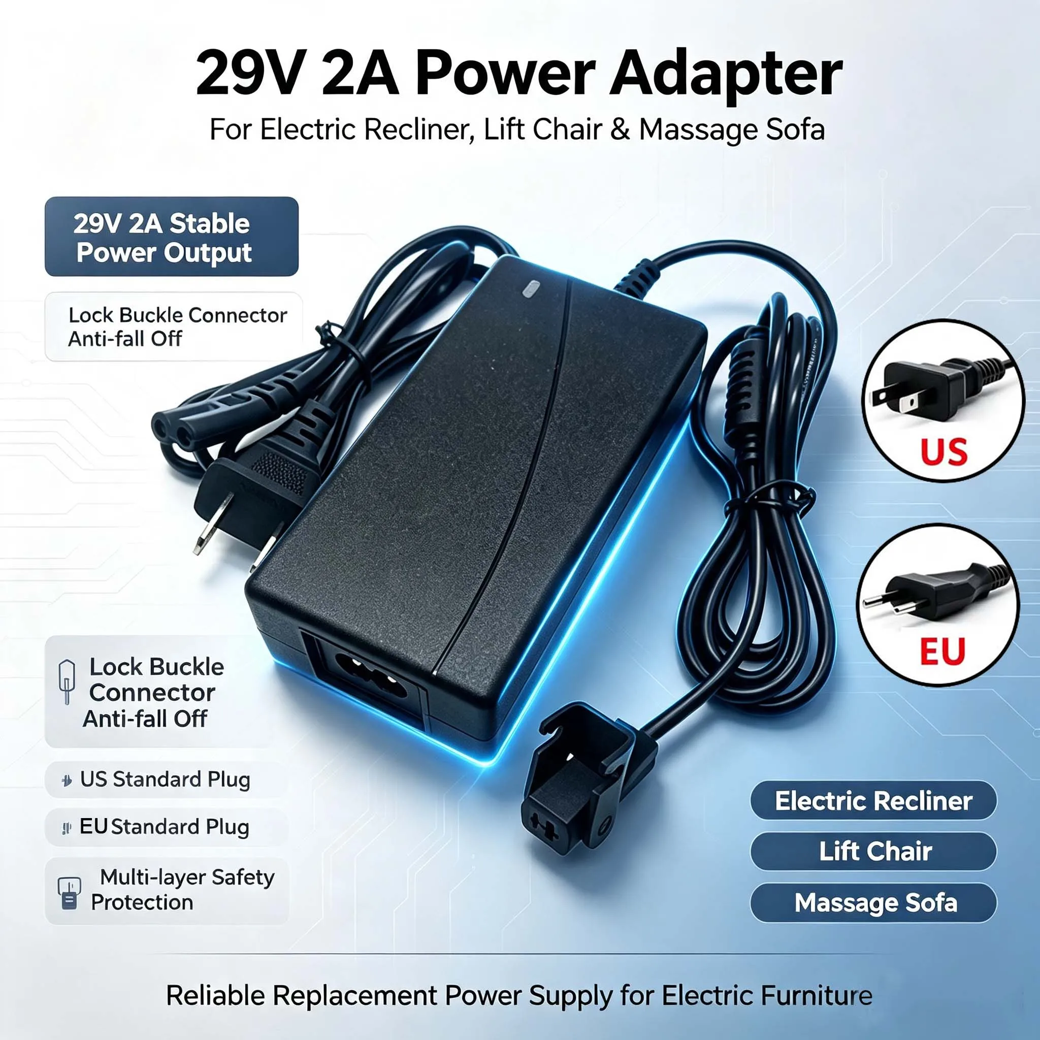 EU US Plug 29V2a/2000mA Universal Power Adapter 29V Switching Supply Electric Power Transformer 29V Sofa Recliner Charger 58W