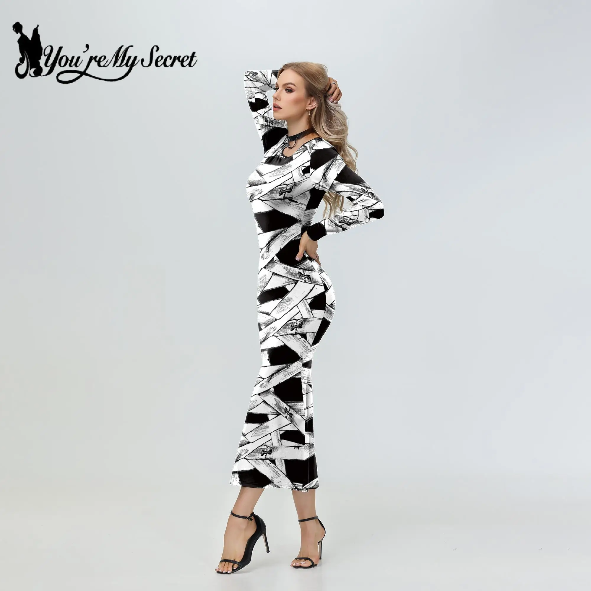 [You're My Secret] Women Dress Wrapping Tape 3D Print Retro Goth Costume Long Sleeved Dress Girls Adult Halloween Fancy Clothing