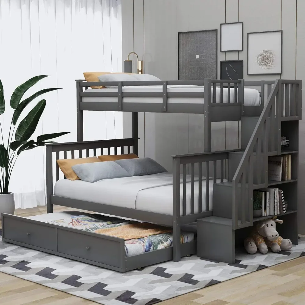 Bunk Bed, with Trundle and Storage Shelves, Twin Over Full Size Bunk SBeds Frame for Kids Teens Adults, Wood Bunk Bed Frame