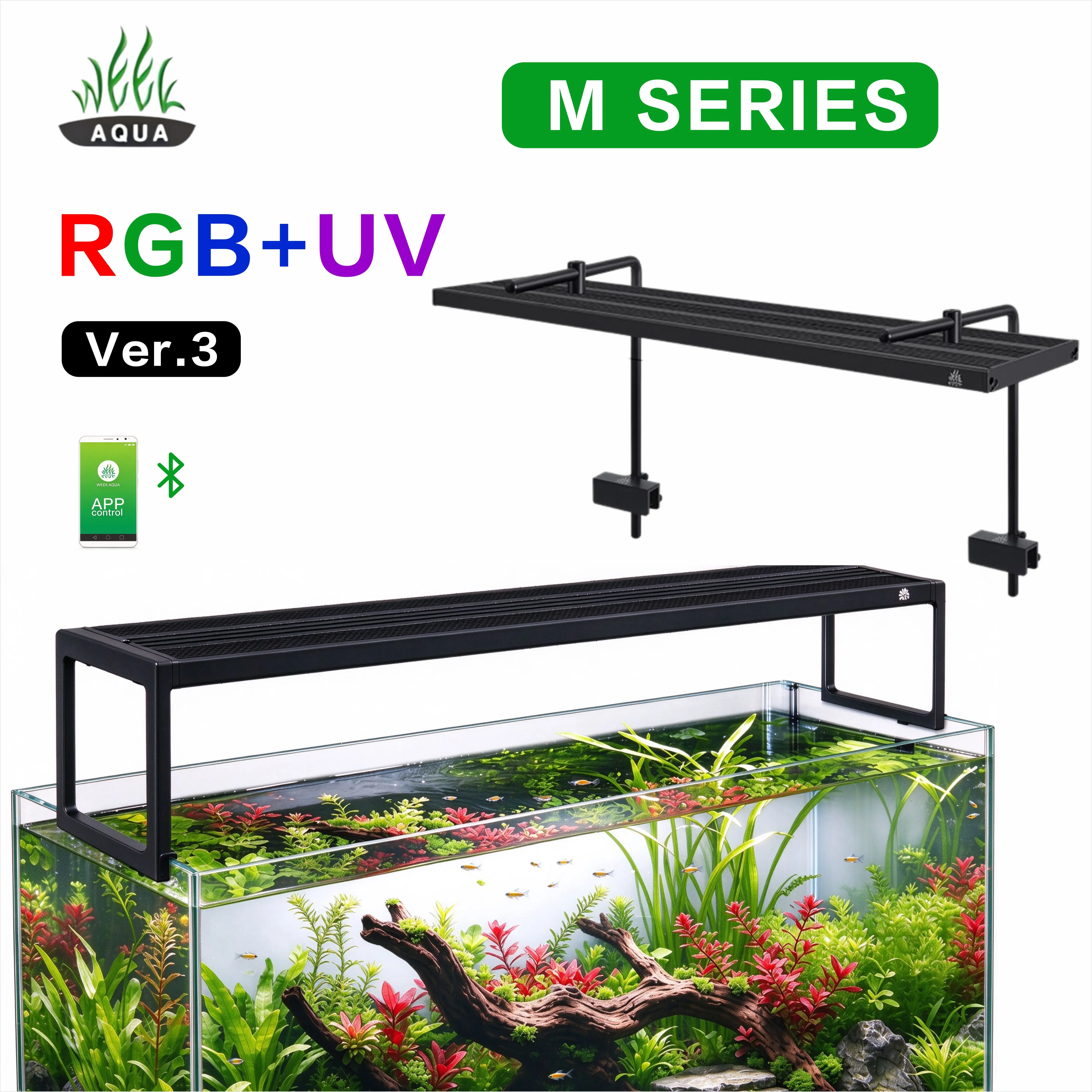 Week Aqua M Series Freshwater Plant LED Light, Full Spectrum RGB+UV Bluetooth APP Control for Native Stream Aquarium