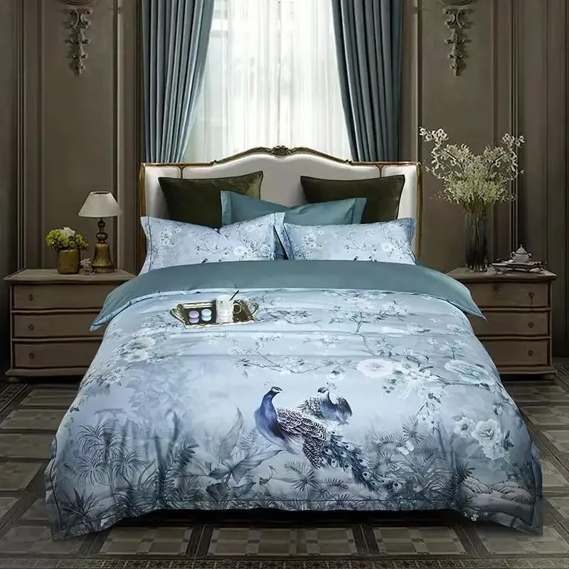 

100% Egyptian Cotton US size Bedding Queen King size 4Pcs Birds and Flowers Leaf Gray Shabby Duvet Cover Bed sheet Pillow shams