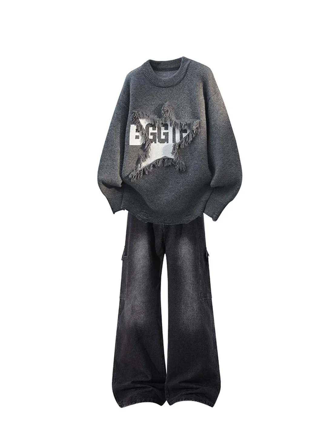 

Мужской комплект из двух предметов: свитер с круглым вырезом и джинсовые брюки с дырками в американском ретро-стиле, с длинными рукавами и длинными штанинами.