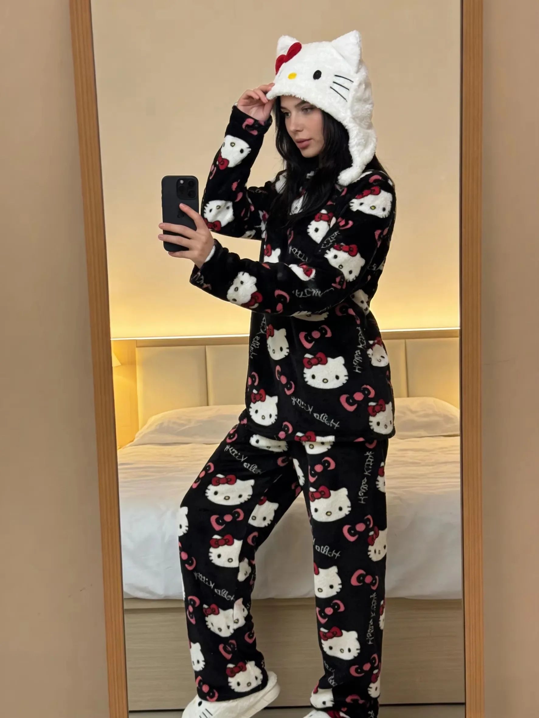 Hello Kitty Anime 2Pcs Warm Couple Pajama Set Sleepcoat Pajama Pants Cute Cartoon Loungewear Home Wear Family Matching Gift