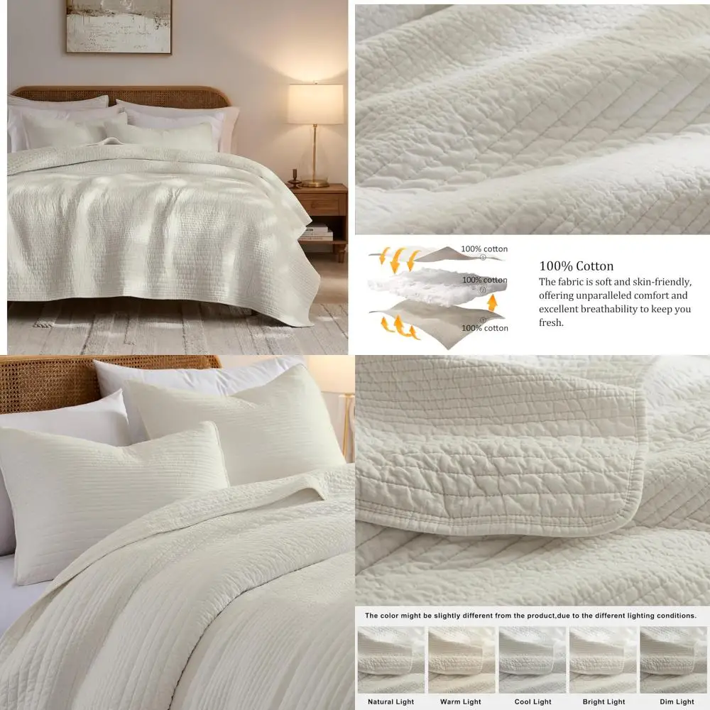 

Cotton Quilt Set in Beige for California King Size Bed, Lightweight with Channel Stitching and Textured Design