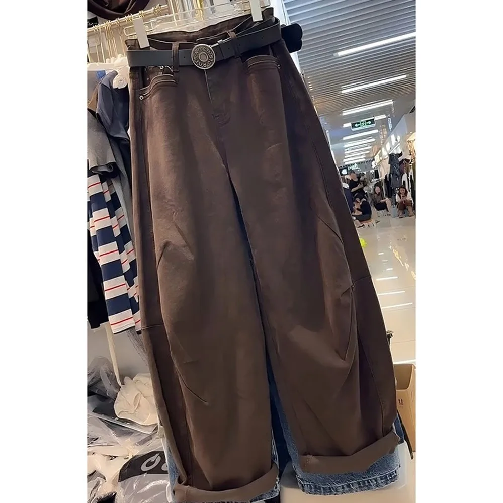 Vintage Coffee-Colored  Jeans, New Autumn/Winter Plus Size Loose Slimming  Straight Wide-Leg Pants For Petite