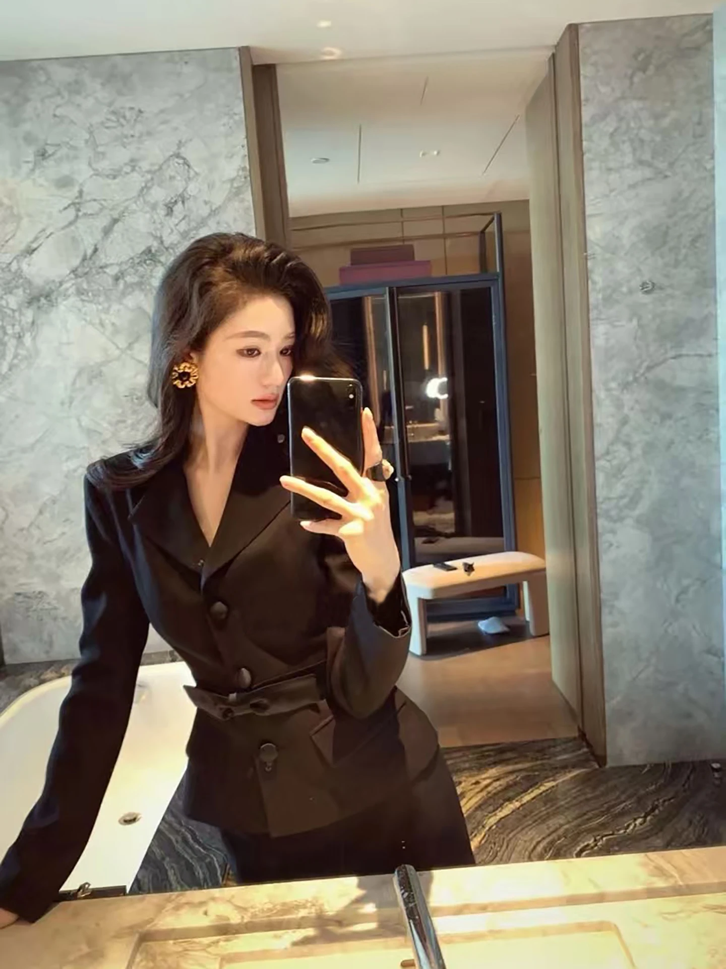 

Elegant Black Suit Set with Belted Waist And Knot High Waist Skirt Spring Fashion Women's Two-Piece Outfit