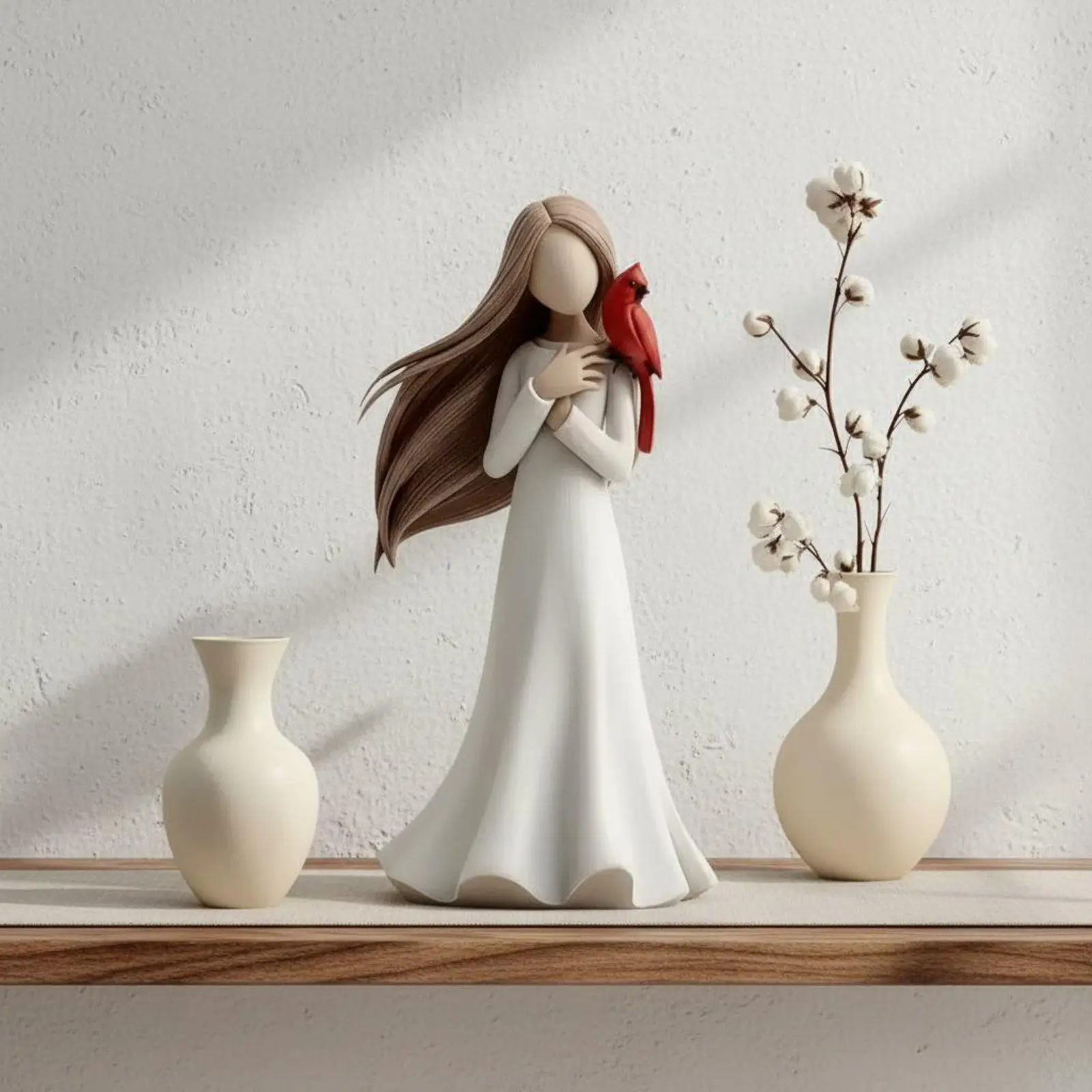 Resin Remembrance Statue Faceless Girl Holding Red Bird Sculpture for Loss Grief Memorial Home Decor