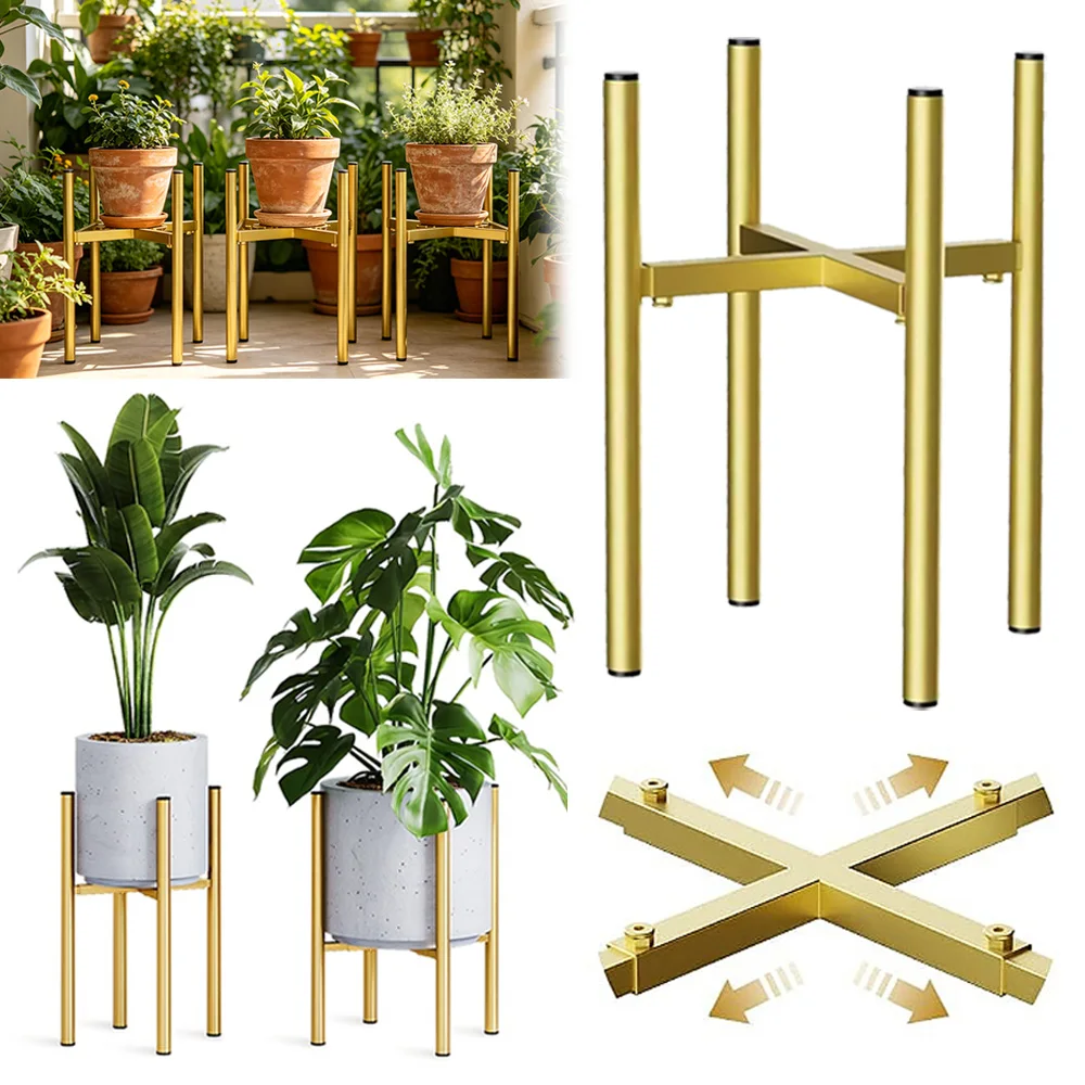 1PC Golden Adjustable Plant Stand Fits 7-13inch Pots Mid-Century Modern Metal Plant Holder Indoor Outdoor Corner Floor Pot Stand