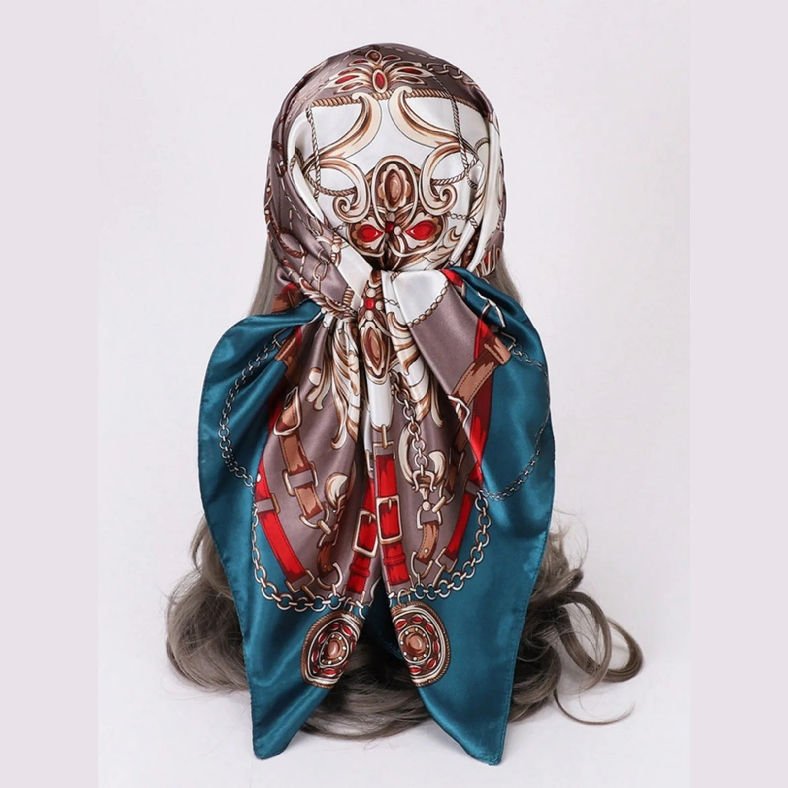 وشاح حريري وردي، غلاف للشعر بنمط سلسلة عتيقة، وشاح رأس أنيق من الساتان، وشاح شعر مربع كبير للنساء، شعر أنيق #2