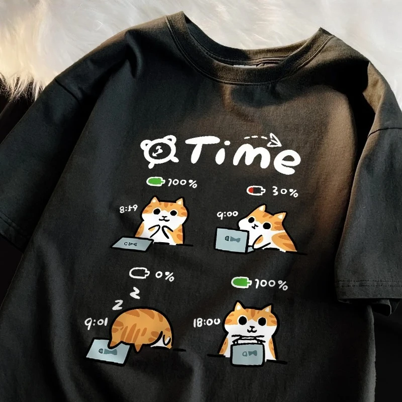 A Day When The Working Cat's Battery Is Low Printed Women T-Shirts Cartoons Prints T Shirts Round Neck Soft Tops Summer Clothes