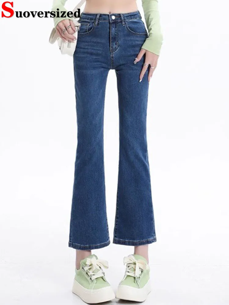 

Узкие расклешенные джинсы с высокой талией, корейские модные винтажные эластичные широкие джинсовые брюки, женская повседневная уличная одежда, большие размеры 80 кг Vaqueros