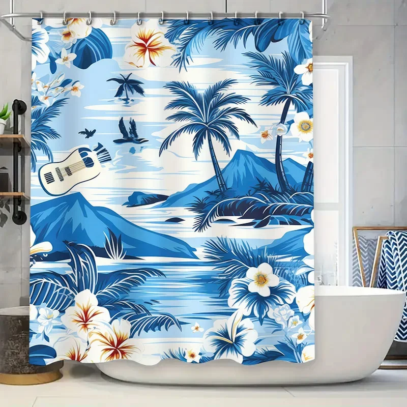

Экзотическая синяя занавеска для душа с цветочным принтом, тропическая пальма, гавайский гибискус, декоративный коврик для ванной, водонепроницаемая ткань для домашней ванны