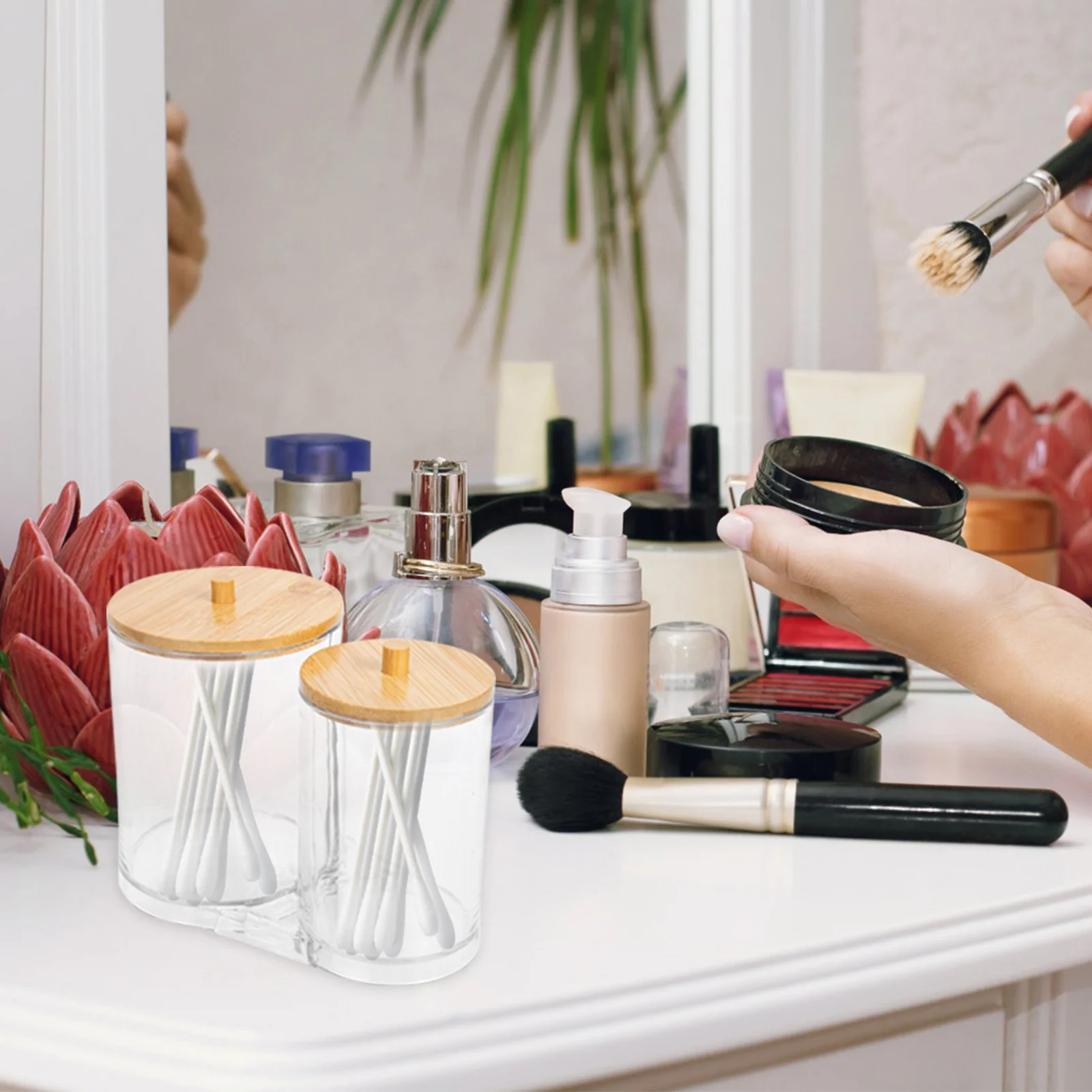 

Cotton Swab Storage Container Compact Makeup Cotton Pad Holder Wood Lid Sealed Design Space Saving Organizer for Bathroom Vanity