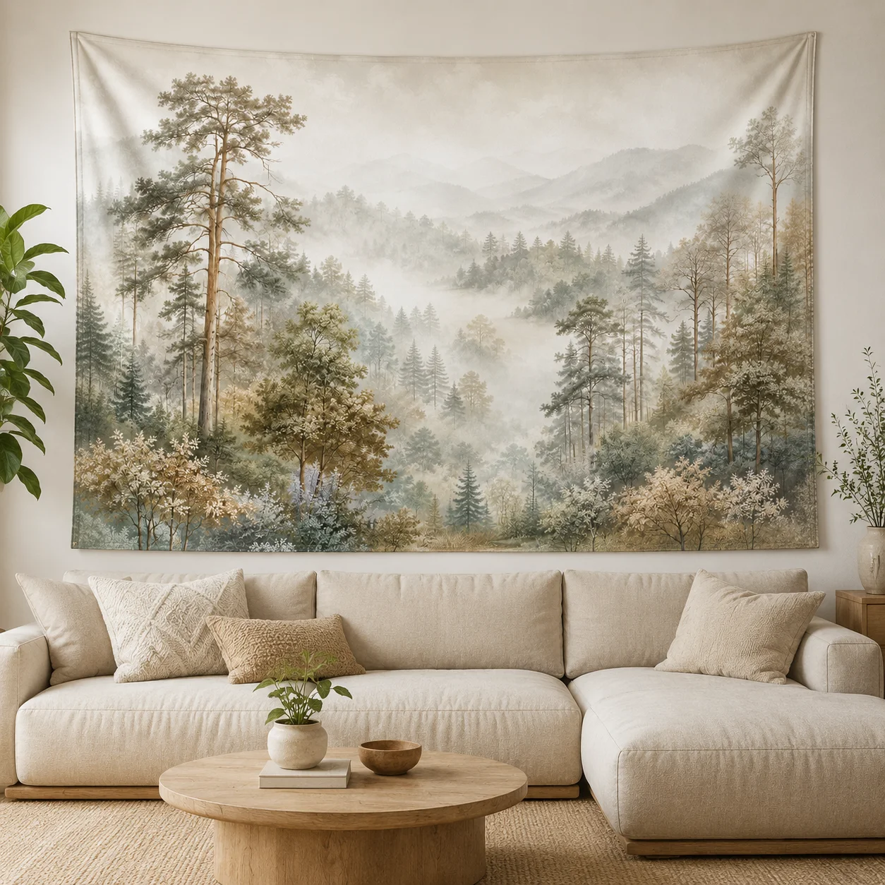 Misty Pine Forest Mountain Tapestry Vintage Nature Landscape Wall Hanging Neutral Home Decor for Bedroom Living Room